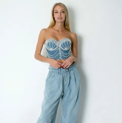Corset de jean con perlas y strass