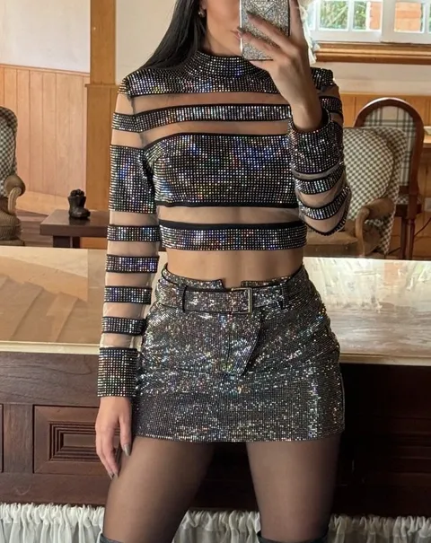 Minifalda de Strass con cinto negra con plateado